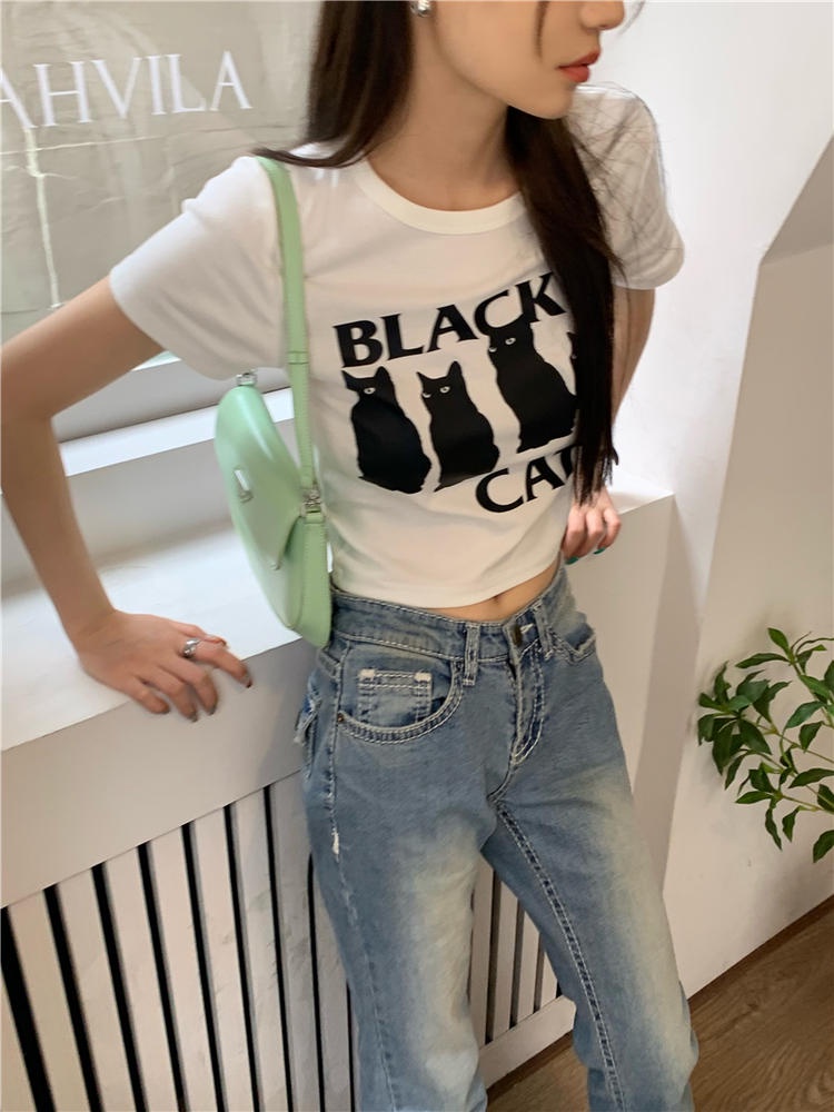 Áo Thun Lửng Tay Ngắn Dáng Ôm In Hình Mèo Dễ Thương Cho Nữ 50765