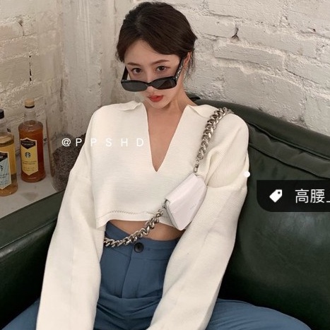 IELGY Áo polo dệt kim mỏng dáng rộng cổ chữ V phong cách retro phương tây