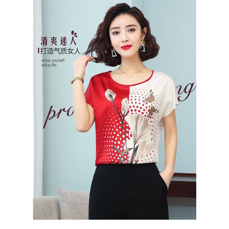 Áo thun tay ngắn cổ tròn dáng rộng in họa tiết thời trang cho phụ nữ trung niên
