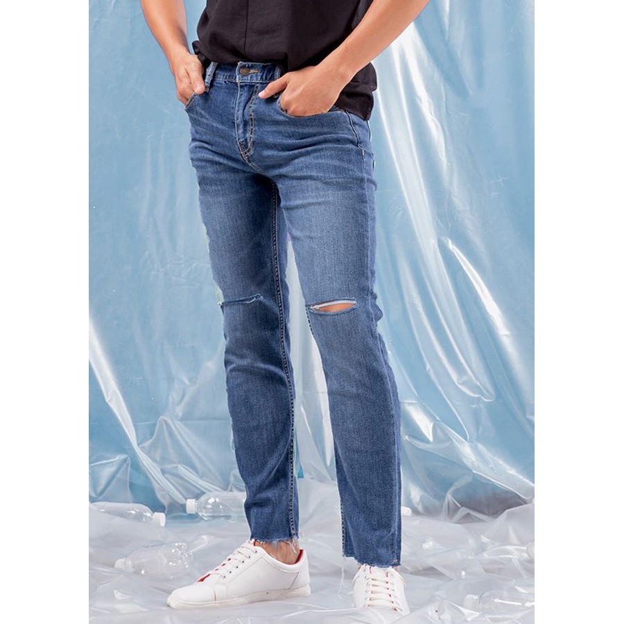 Quần Jean Nam Trơn Xanh Than Chất Cotton Co Giãn Dáng Ôm Ống Côn Vừa | BigBuy360 - bigbuy360.vn