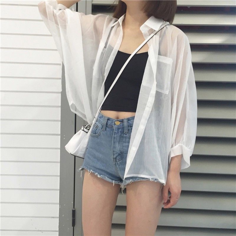 Summer Korean Version Loose Wild Bat Sleeve Sunscreen Shirt  Female Thin Tops Long Sleeve White Sun Protection Top