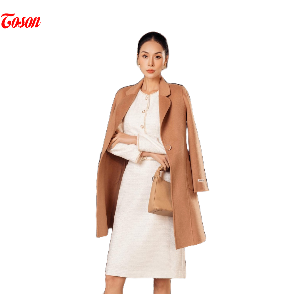 Áo dạ lông cừu nâu bò dáng dài, cổ K túi, cửa túi cắt lượn (Limitted) Toson 99233N32