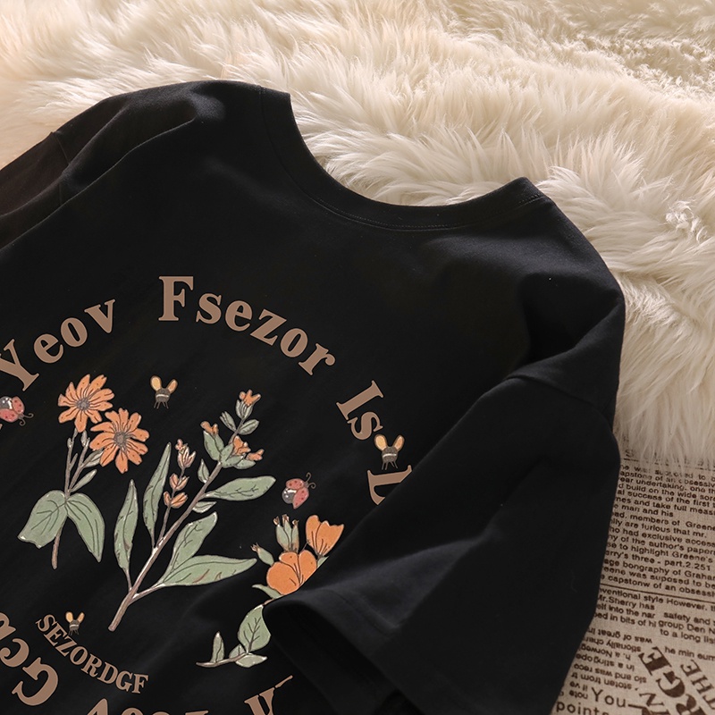 NUZIRO  Áo thun  chất liệu cotton tay ngắn cổ tròn in họa tiết thời trang mùa hè dành cho nữ