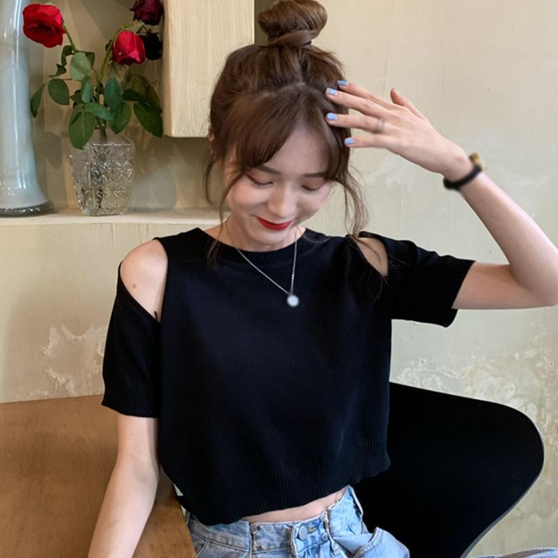 Áo thun tay ngắn màu trơn dáng rộng thiết kế hở vai quyến rũ trẻ trung dành cho bạn gái