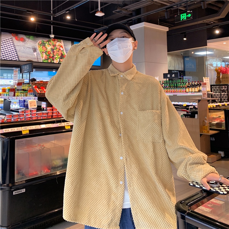 Áo Sơ Mi Nhung Tay Dài Màu Sắc Đơn Giản Phong Cách Retro Hàn Quốc Cho Nam Giới