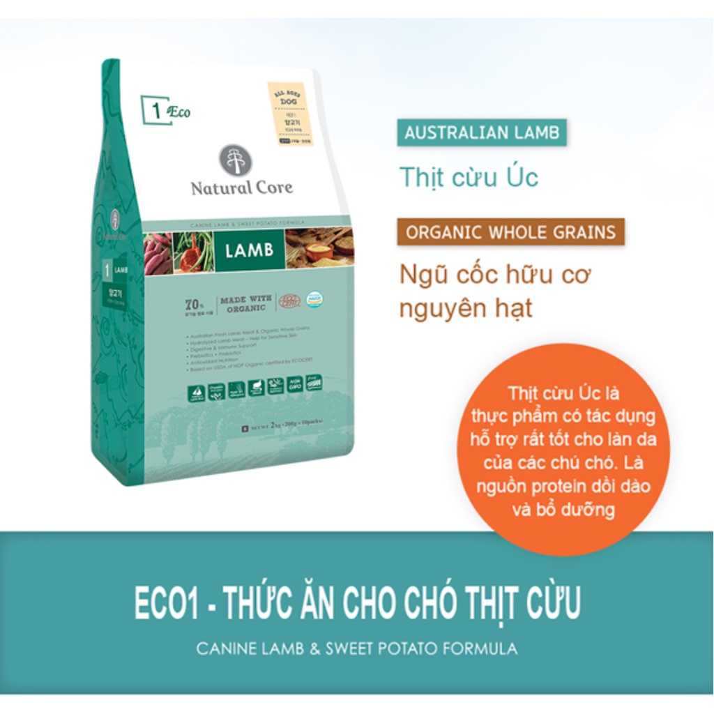 [1kg] Thức ăn hạt hữu cơ cho chó Natural Core ECO1 thịt cừu thơm ngon, bổ dưỡng