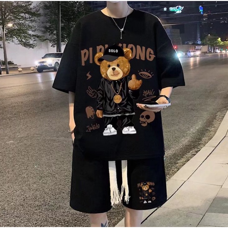 【M-5XL】Set Áo Thun Nam Ngắn Tay + Quần Short Thời Trang Đơn Giản Set đồ nam nữ form rộng unisex in ấn bigsize áo thun quần short dây rút bộ thể thao nam mùa hè bộ thể thao nam  áo thun thể thao nam  quần thun ngắn