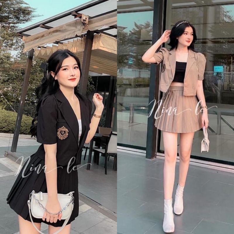 Set áo crop vest logo + Chân váy xếp ly (Đen /Nude) | BigBuy360 - bigbuy360.vn