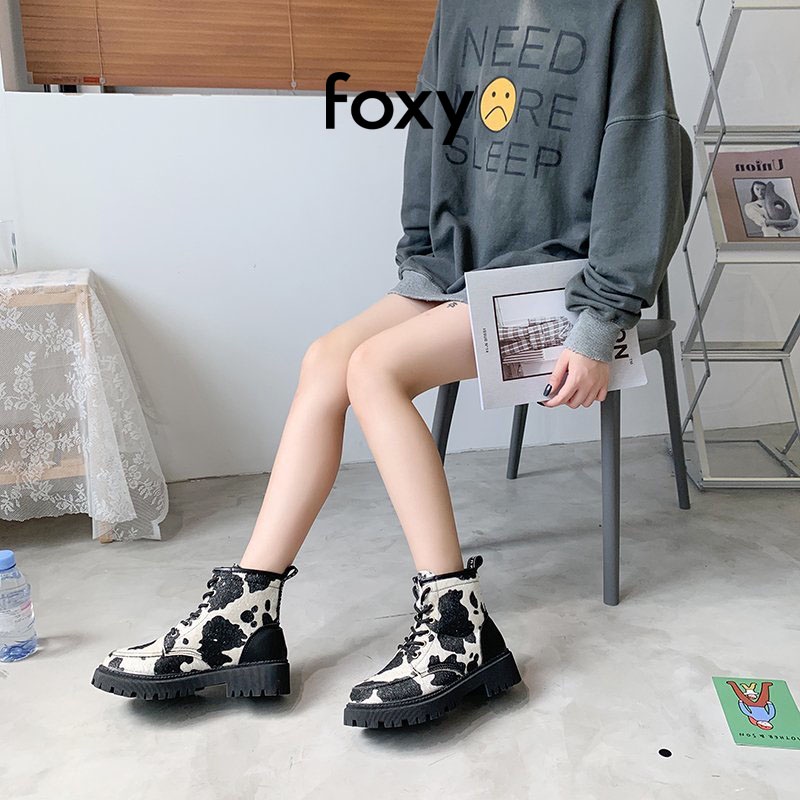 Giày Boots Nữ Cổ Thấp Giày Bốt Nữ FOXY Phong Cách Ulzzang Hoạ Tiết Bò Sữa - FOX033