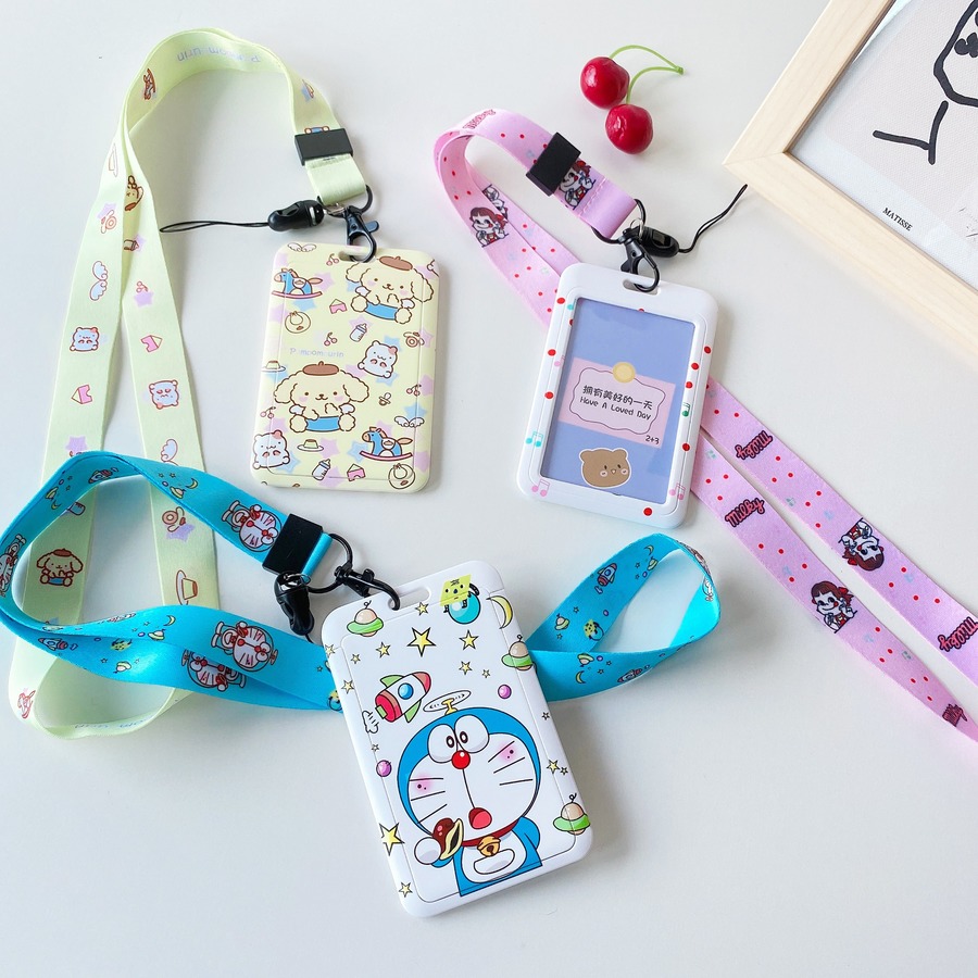 Cute cartoon business card lanyard neck strap lanyard card set bank card bus work permit ID card set rope key chain