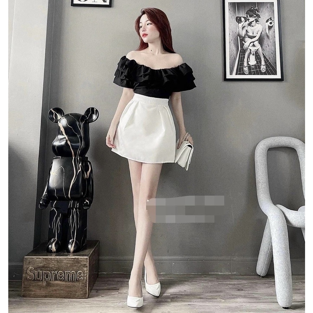 Sét bộ đồ nữ chân váy trắng cạp cao mix áo đen trễ vai cực kì đáng yêu thích hợp cho các tình yêu đi dạo phố