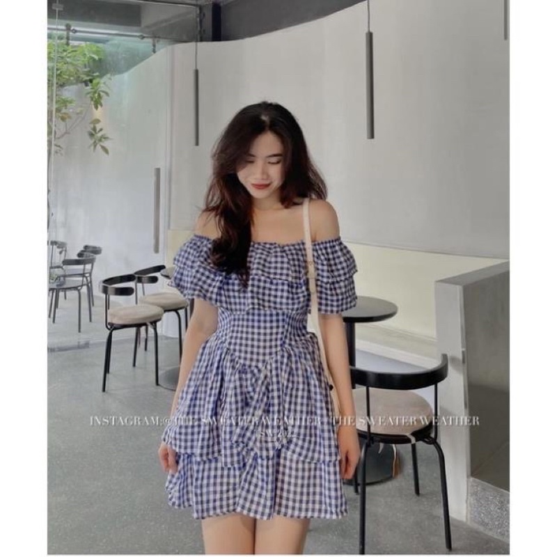 Đầm trễ vai kẻ caro, Váy trễ vai 2 tầng xanh có quần bảo hộ tiểu thư ulzzang Maitrangshop92 (TTA97)