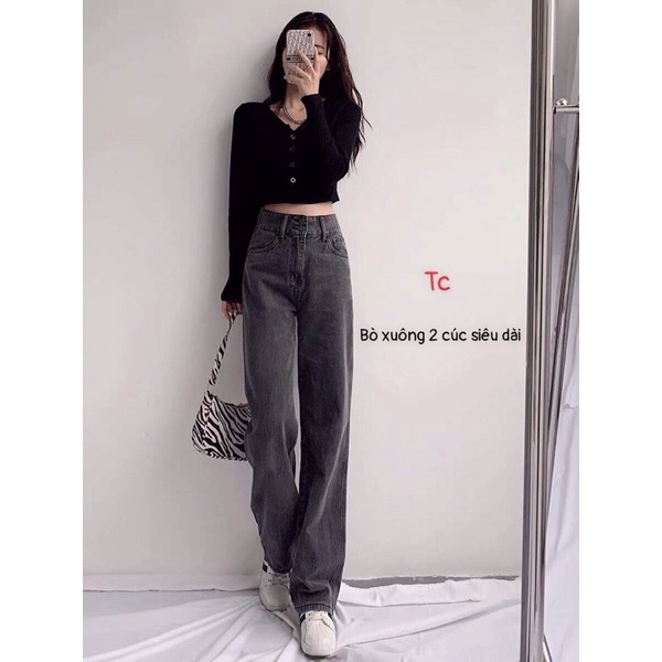 Quần bò 2 cúc cạp cao ống rộng