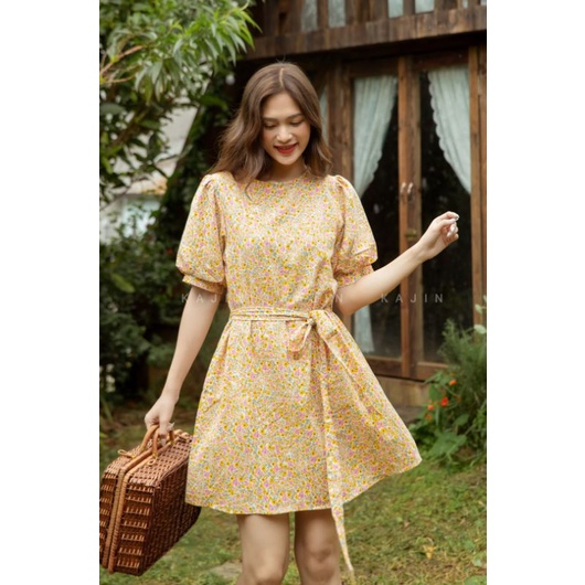 Đầm cotton tay phồng, form A, dây buộc eo