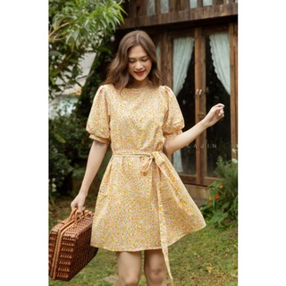 Đầm cotton tay phồng, form A, dây buộc eo