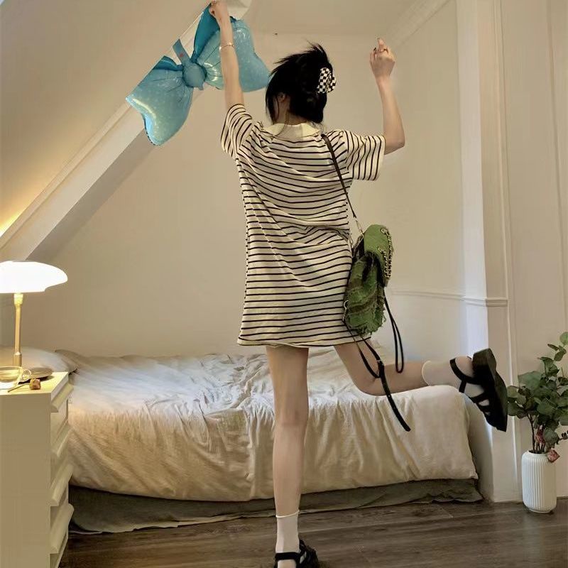 COZOK Đầm Ngắn Tay Dáng Rộng Cổ Bẻ Kẻ Sọc Xinh Xắn Thời Trang Cho Nữ