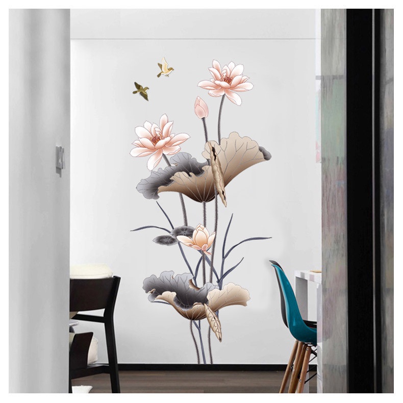 Decal trang trí dán tường - BỤI SEN HỒNG NHẠT TAO NHÃ