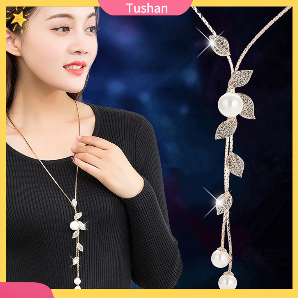 Dây chuyền mặt họa tiết lá phối ngọc trai tua rua dáng dài cho nữ