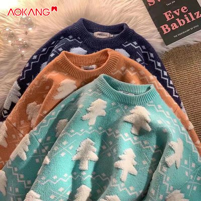 Áo sweater Dệt Kim Dáng Rộng In Hình Cây Thông Giáng Sinh Thời Trang Thu Đông Cho Nam