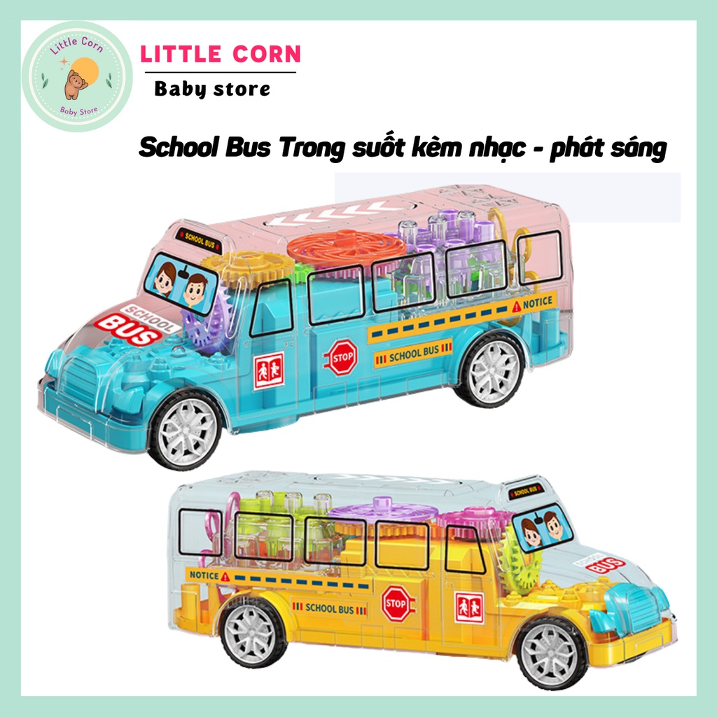 Đồ chơi ô tô cho bé phát sáng có nhạc, xe buýt trong suốt lộ thiên, rõ bánh răng chuyển động, điều hướng tránh vật cản