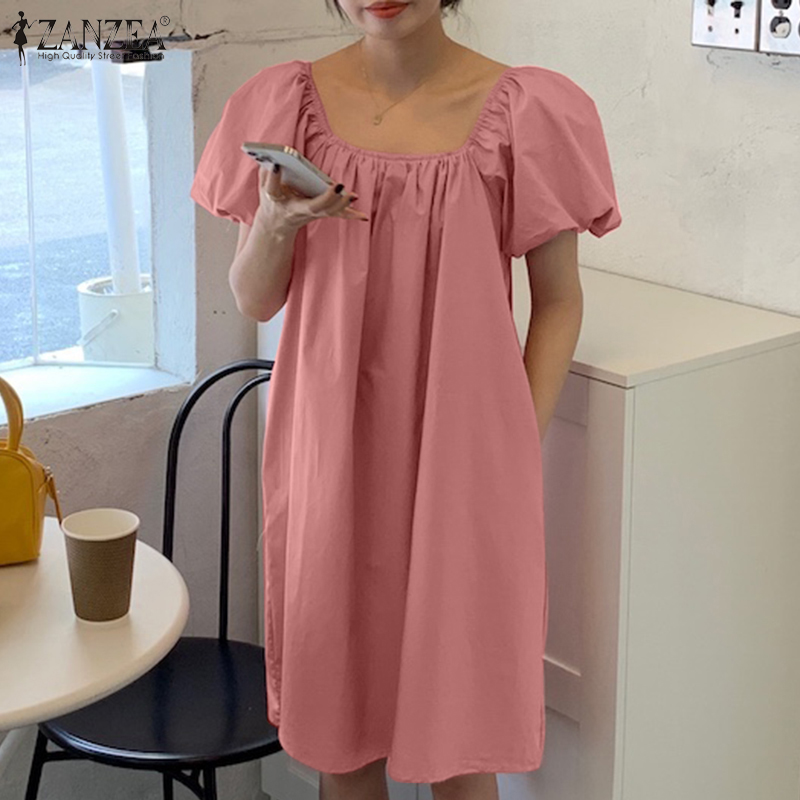 Đầm ZANZEA Tay Ngắn Phồng Cổ Vuông Với Phần Cổ Tay Co Giãn Mini Dành Cho Nữ