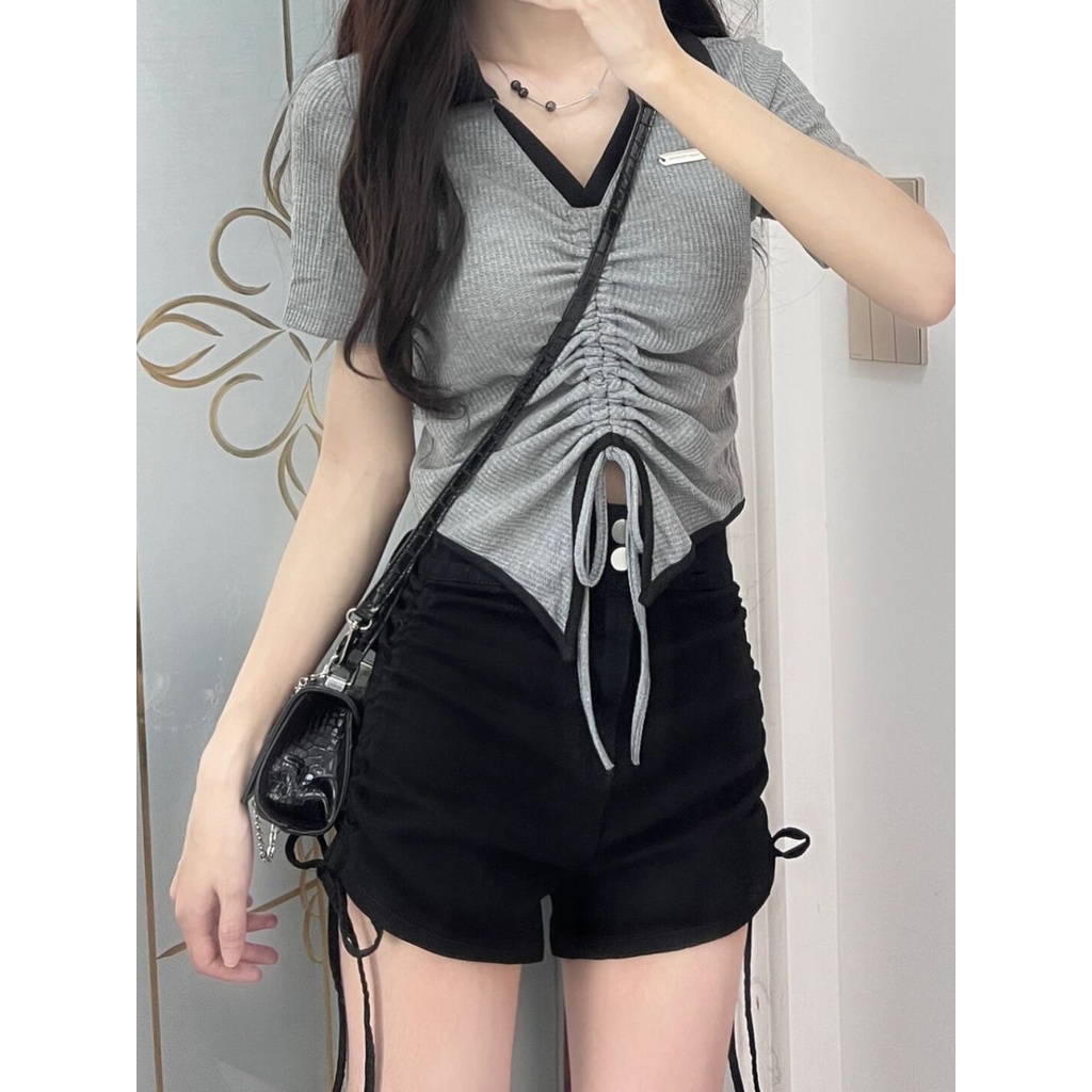 NUZIRO  Áo thun croptop tay ngắn cổ polo thời trang cho nữ