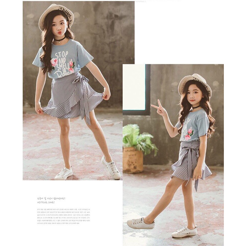 Bộ Áo Thun In Hoa + Chân Váy Cotton Thời Trang Hè 2022 Mới Cho Bé Gái 4-12 Tuổi
