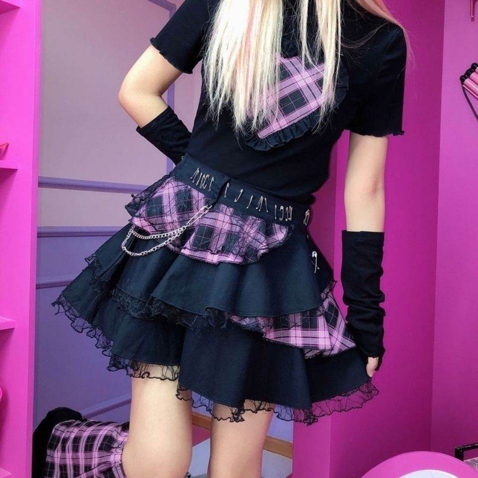 Áo Thun Cotton Tay Ngắn Dáng Ôm Phối Ren Họa Tiết Sọc Hồng Y2K Y2K Phong Cách Punk Cho Nữ