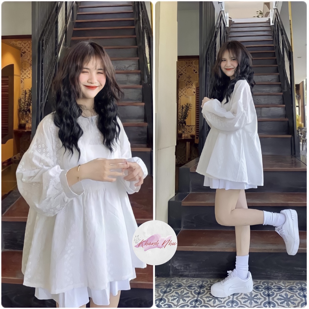 Áo Babydoll hoa nhí dài tay kiểu tay bồng GIẤU QUẦN tiểu thư, mẫu áo sơ mi dáng rộng tay bèo đẹp, lịch sự nhẹ nhàng
