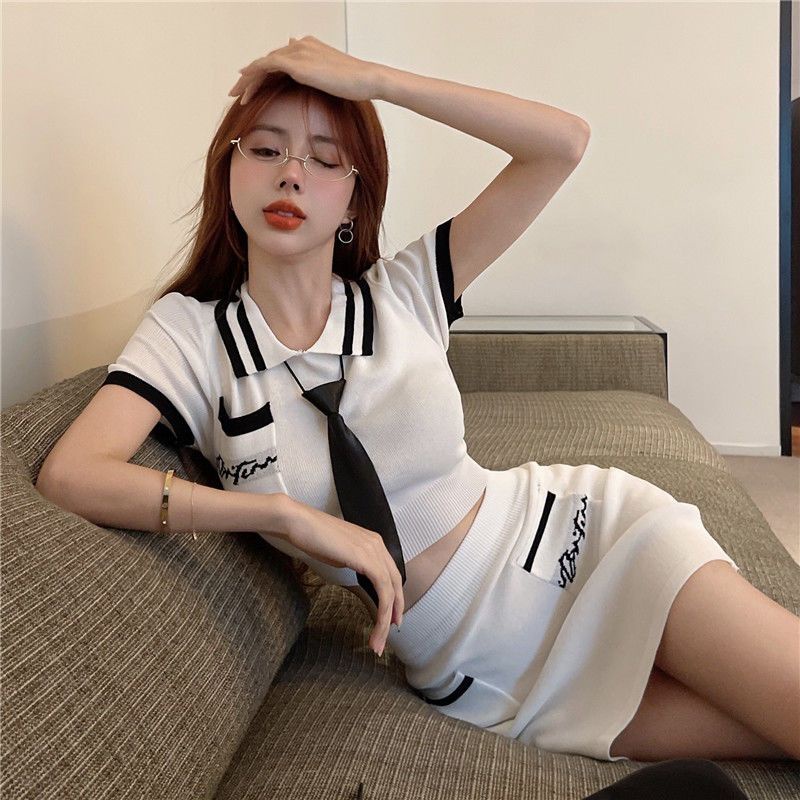 Set Áo Thun Polo Màu Trơn Phối Cà Vạt + Chân Váy Ôm Hông Thời Trang Mùa Hè Cho Nữ