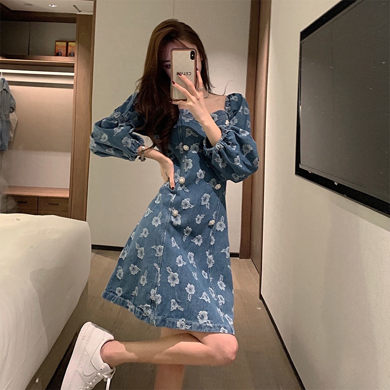 Đầm denim tay dài phồng ngọt ngào kiểu Pháp mới năm 2021