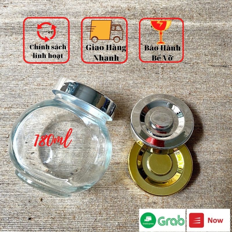 Hũ Thuỷ Tinh Tròn Đáy Nghiêng 180ml, Năp Nhựa Xi Trắng