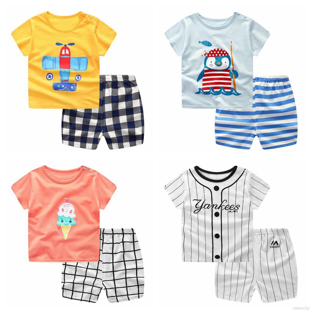 Set áo thun cổ tròn tay ngắn họa tiết hoạt hình kèm quần thời trang cho bé