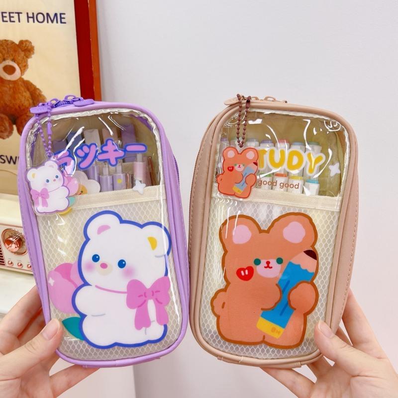 Túi Đựng Bút Bằng PVC Trong Suốt Nhiều Ngăn Họa Tiết Gấu Hoạt Hình Dễ Thương