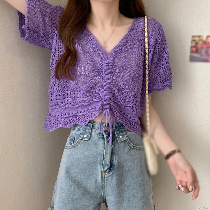 Áo Len Tay Ngắn Màu Sắc Đơn Giản Phong Cách Hàn Quốc Cho Nữ