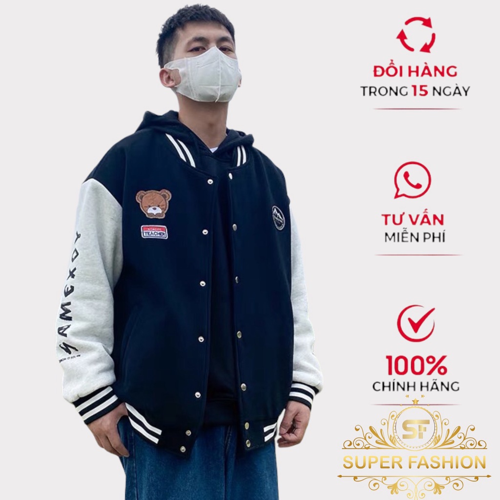 Áo Khoác Nỉ Ngoại Nam Kiểu Dáng Bomber Thiêu Họa Tiết Gấu Thời Trang Super Fashion