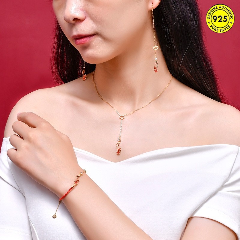 Ruyi Koi Set Vòng cổ vòng tay bông tai màu đỏ mặt hình đám mây đẹp mắt