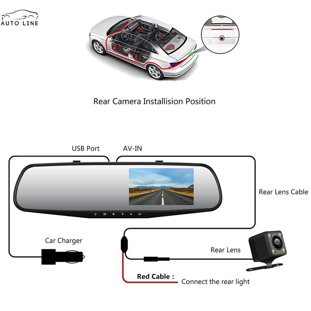 Camera Ghi Hình 170 Độ Màn Hình LCD 4.3 Inch DVR 170 Cho Xe Hơi° Camera Ghi HìNh ỐNg KíNh KéP HD 1080p Cho Xe Hơi SHOPCYC3184