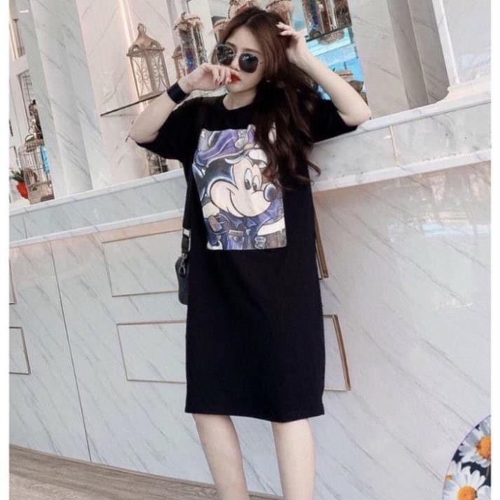 Đầm Suông Dáng Dài Tay Lỡ Váy Suông Nữ Cổ Tròn Họa Tiết Chuột 5D Chất Thun Cotton Hàng VNXK