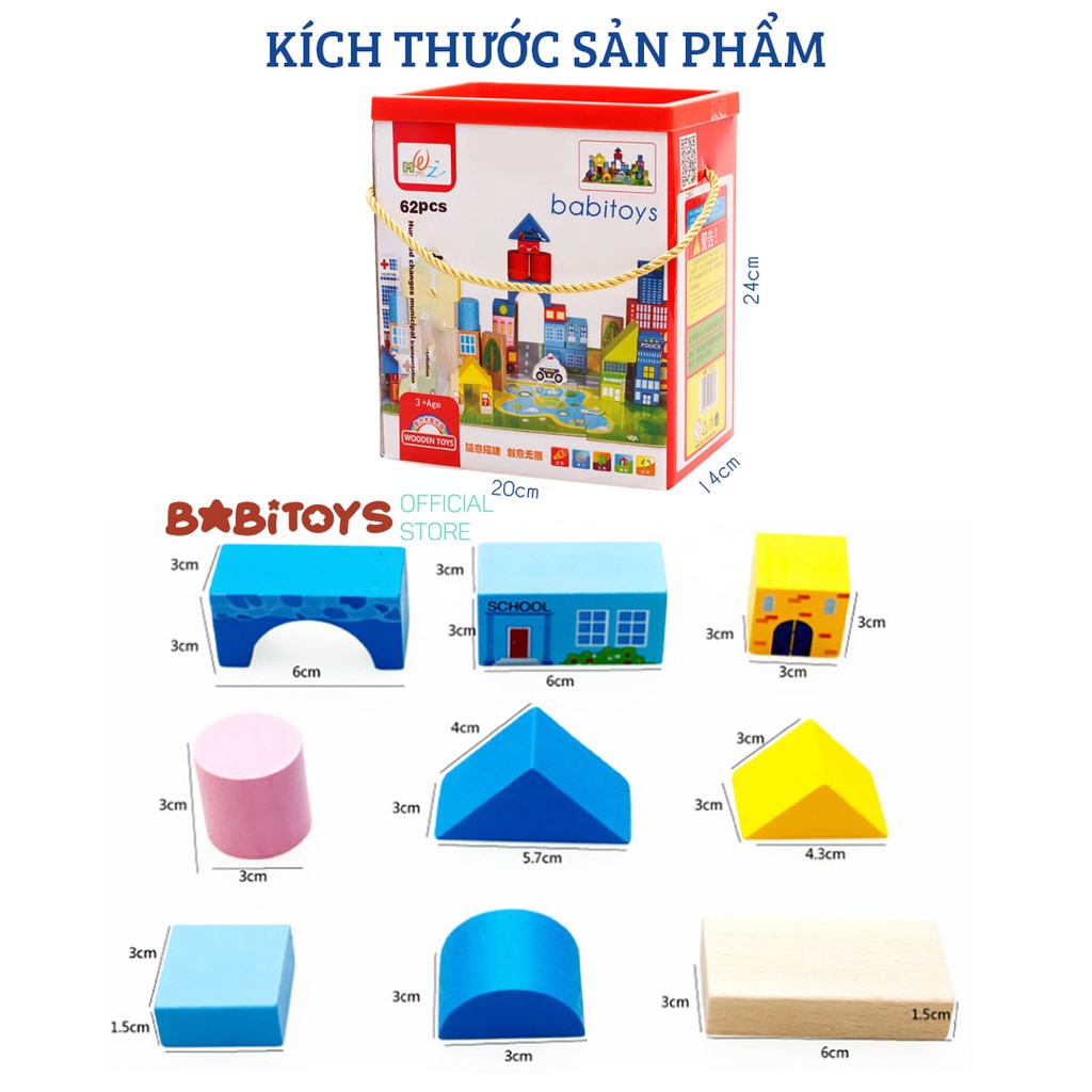 Bộ đồ chơi xếp hình khối gỗ 62 chi tiết, 100 chi tiết gỗ in hình xếp mô hình thành phố có hộp cho bé thỏa sức sáng tạo