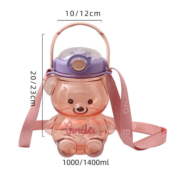 [Hàng sẵn] Bình Đựng Nước Hình Gấu Nâu Thể Tích 1.4l Có Dây Đeo Và Giá Đỡ Điện Thoại, Có Ống Hút Khi Bật Nắp