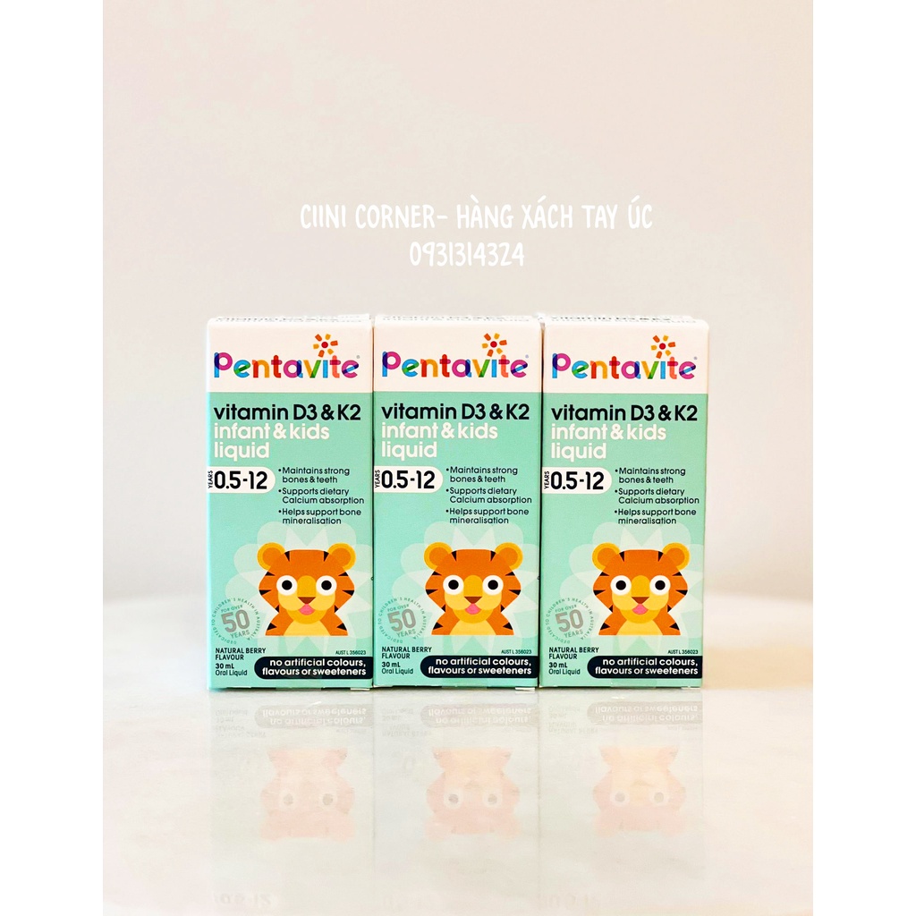 Pentavite Calcium + Vitamin D3 & K2 Bổ sung D3K2 cho trẻ em Dạng lỏng 30ml [Bay Air, chuẩn Úc]