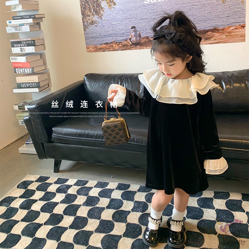 Đầm Nhung Cổ Bèo Phong Cách Chic Hàn Quốc Xinh Xắn Cho Bé Gái