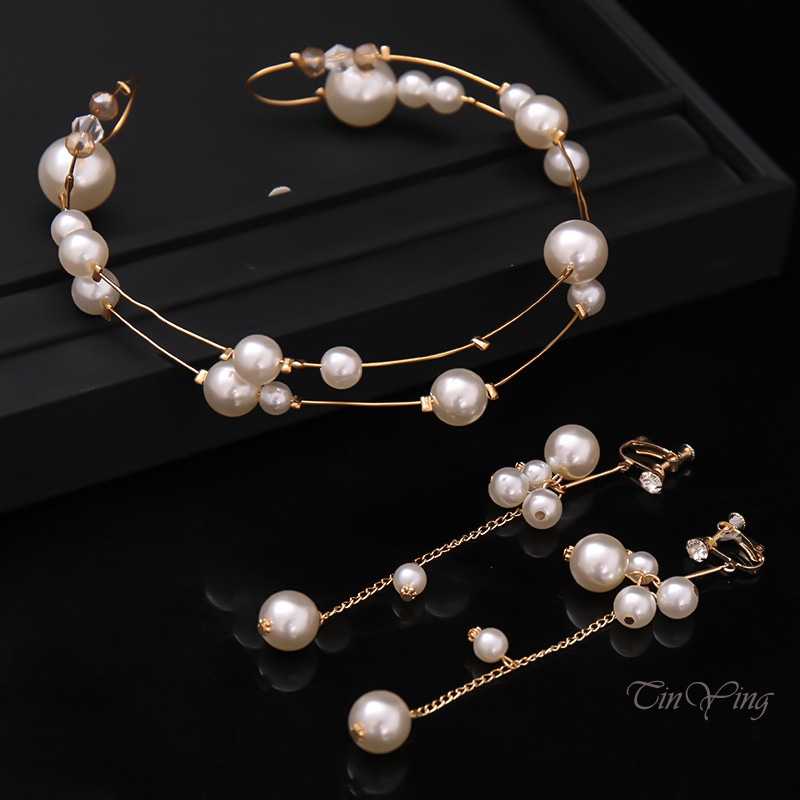 GETNOIVAS Set băng đô và bông tai ngọc trai giả thời trang nữ