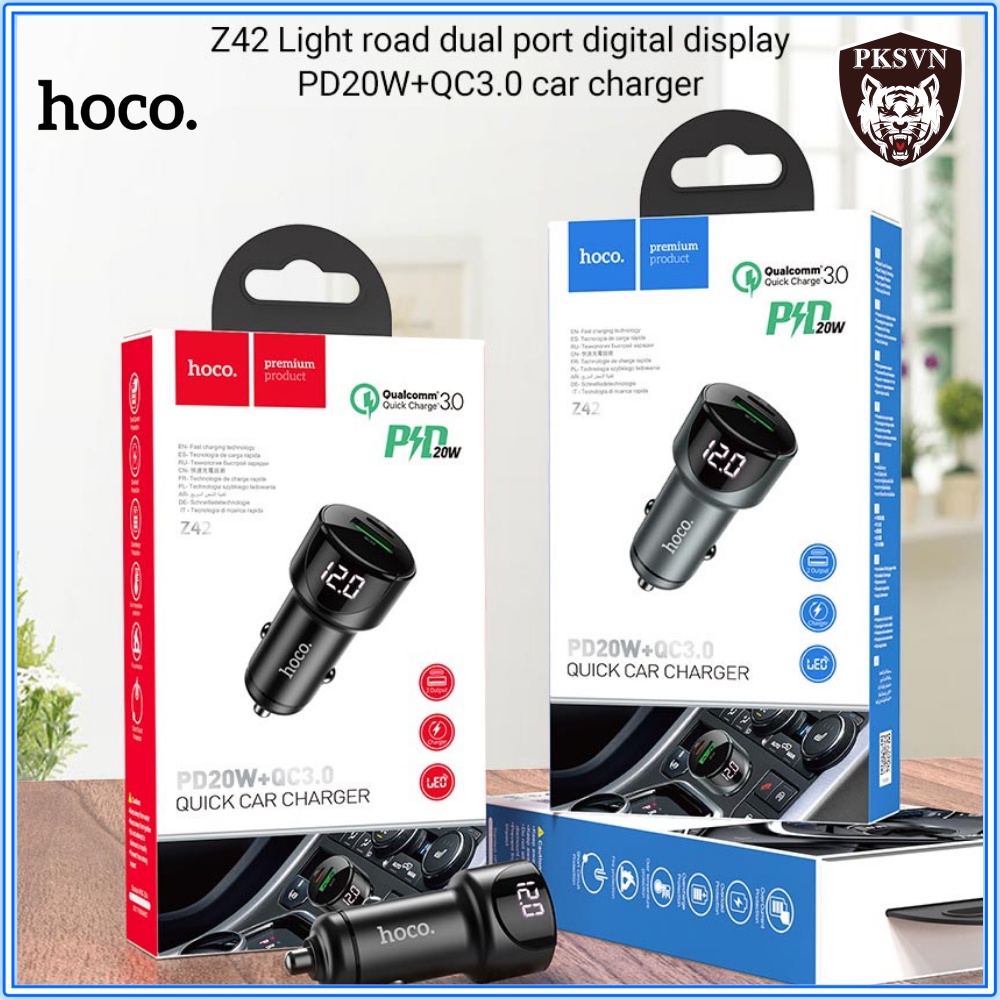 Tẩu Sạc Nhanh 20w Chính Hãng trên Ô Tô Hoco Z42 - Tẩu Sạc Xe Hơi 2 Cổng Sạc Nhanh USB và Type-C Sạc 50% Pin trong 30p