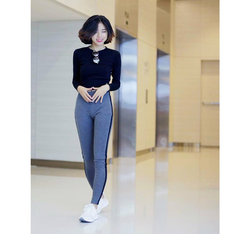 Quần Legging Lưng Liền Xám 1 Sọc Đen Thun Co Giãn Mềm Mại