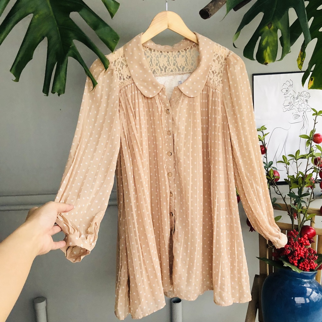 Áo somi sơ mi họa tiết kiểu vintage chấm bi màu kem form rộng - Đồ si tuyển - Áo xô Hàn Quốc A54