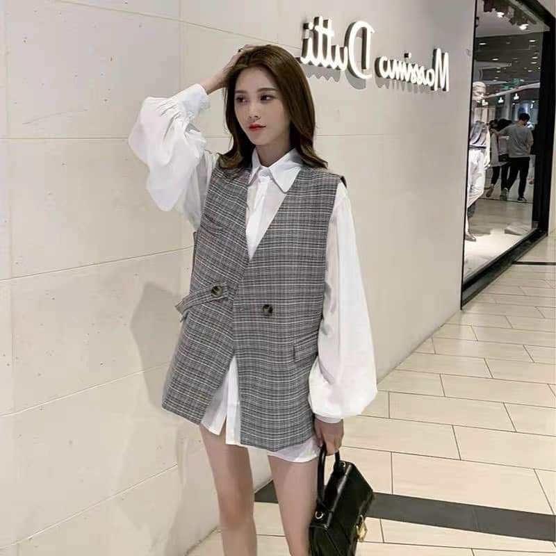 SET Áo Sơmi Trắng + Áo Gile Caro Xám