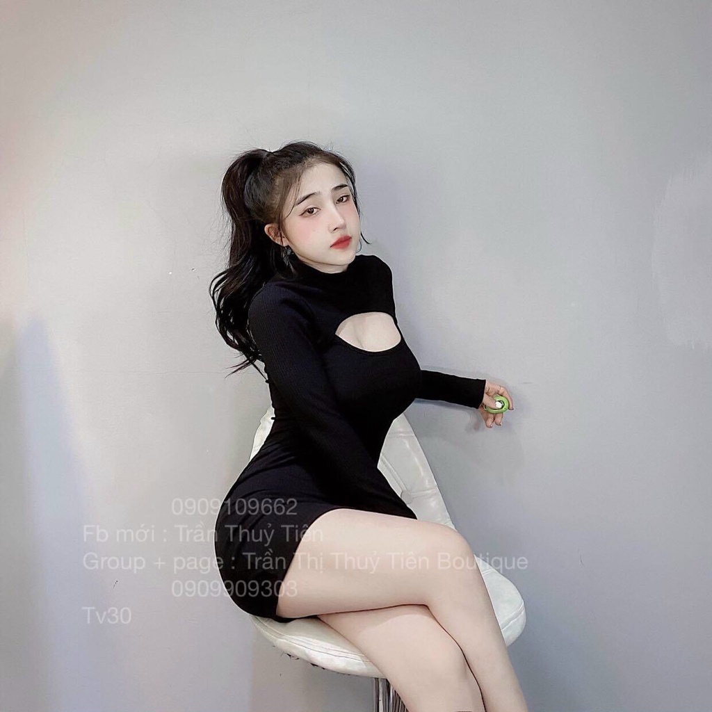 Đầm Thun Body Cổ Trụ Dài Tay Phối Khoét Ngực Sành Điệu TTSLA0657