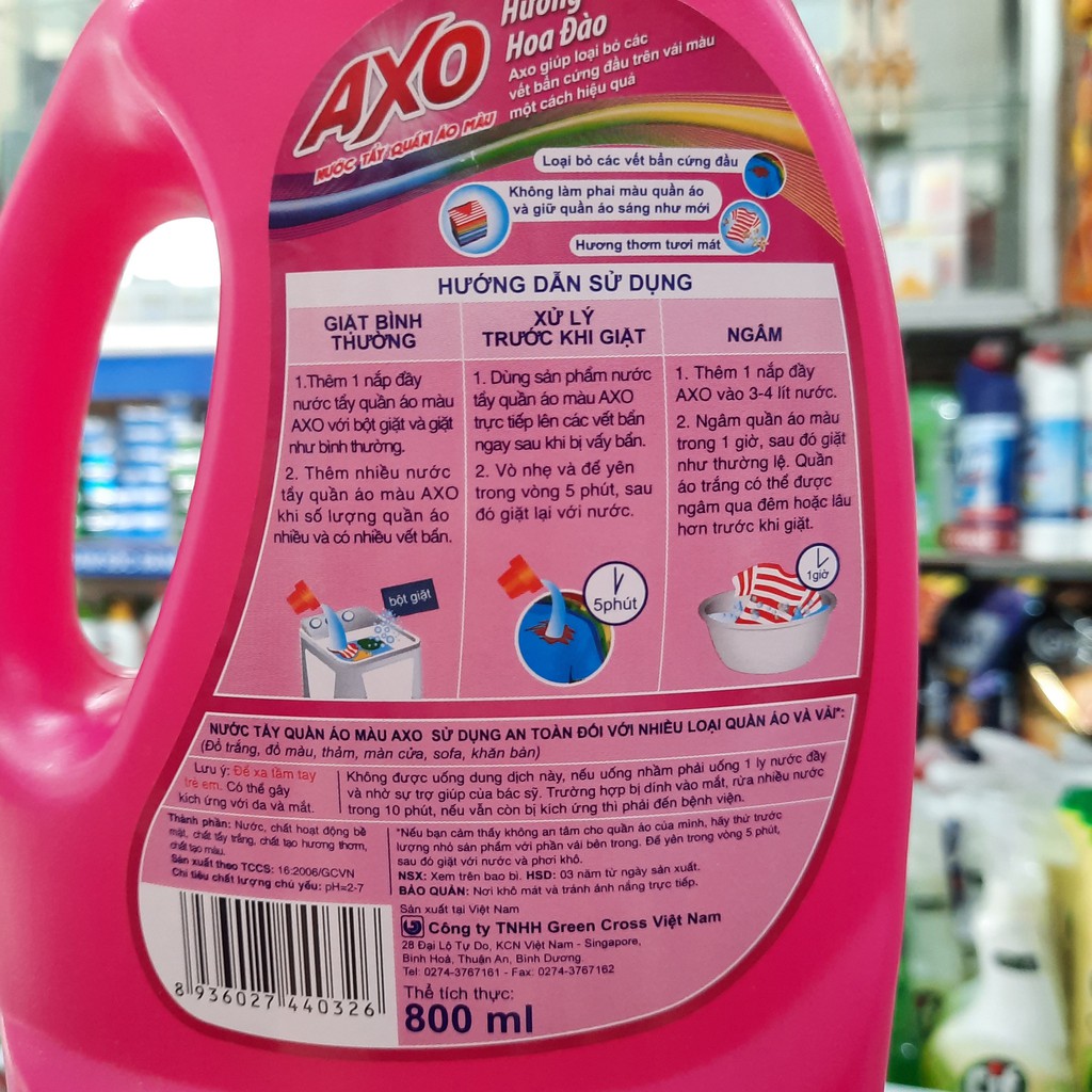 Nước tẩy quần áo màu AXO Hương Hoa Đào 800ml